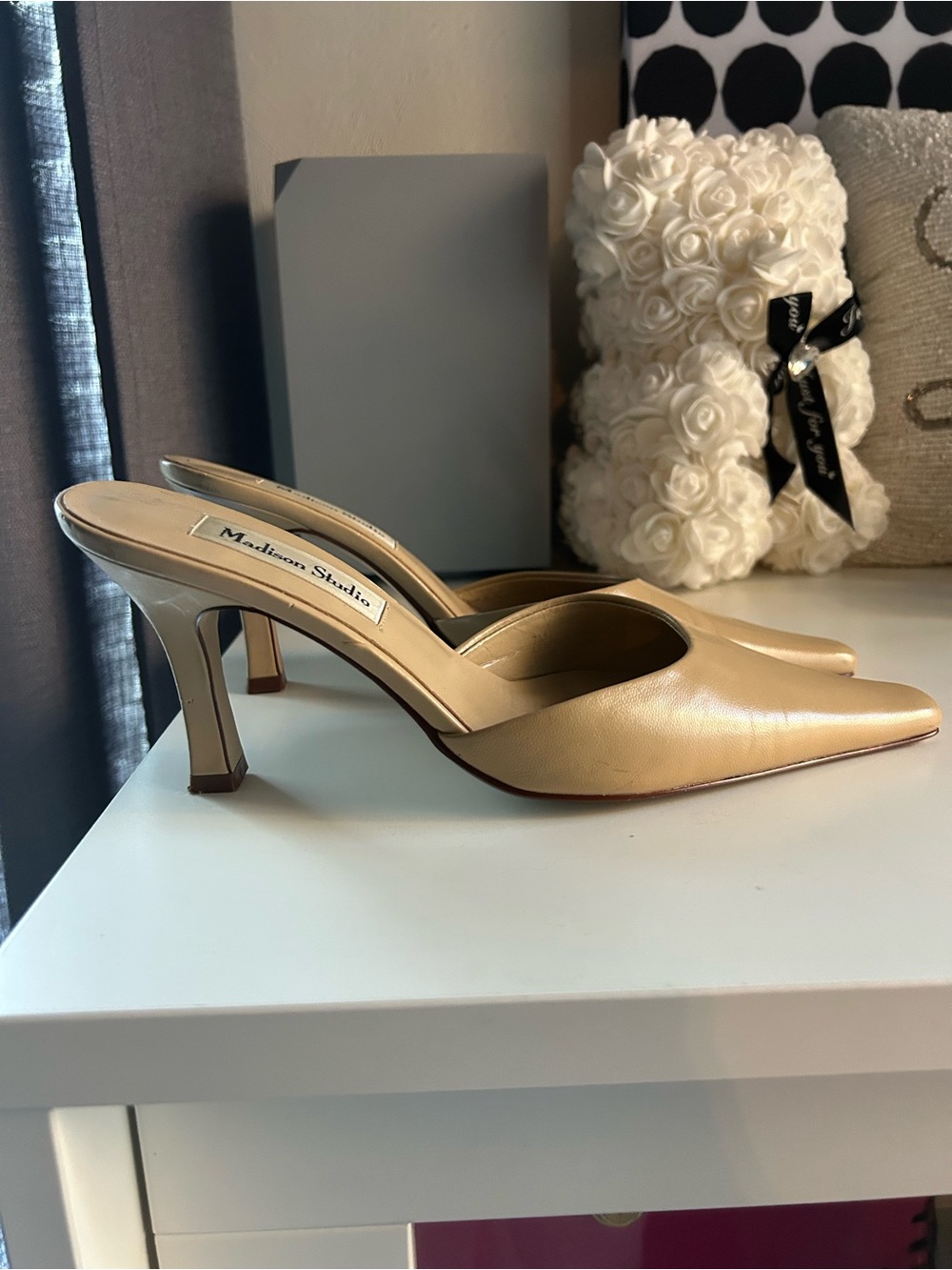 Madison Studio Beige Pointed-Toe Slip-On Mule Heels